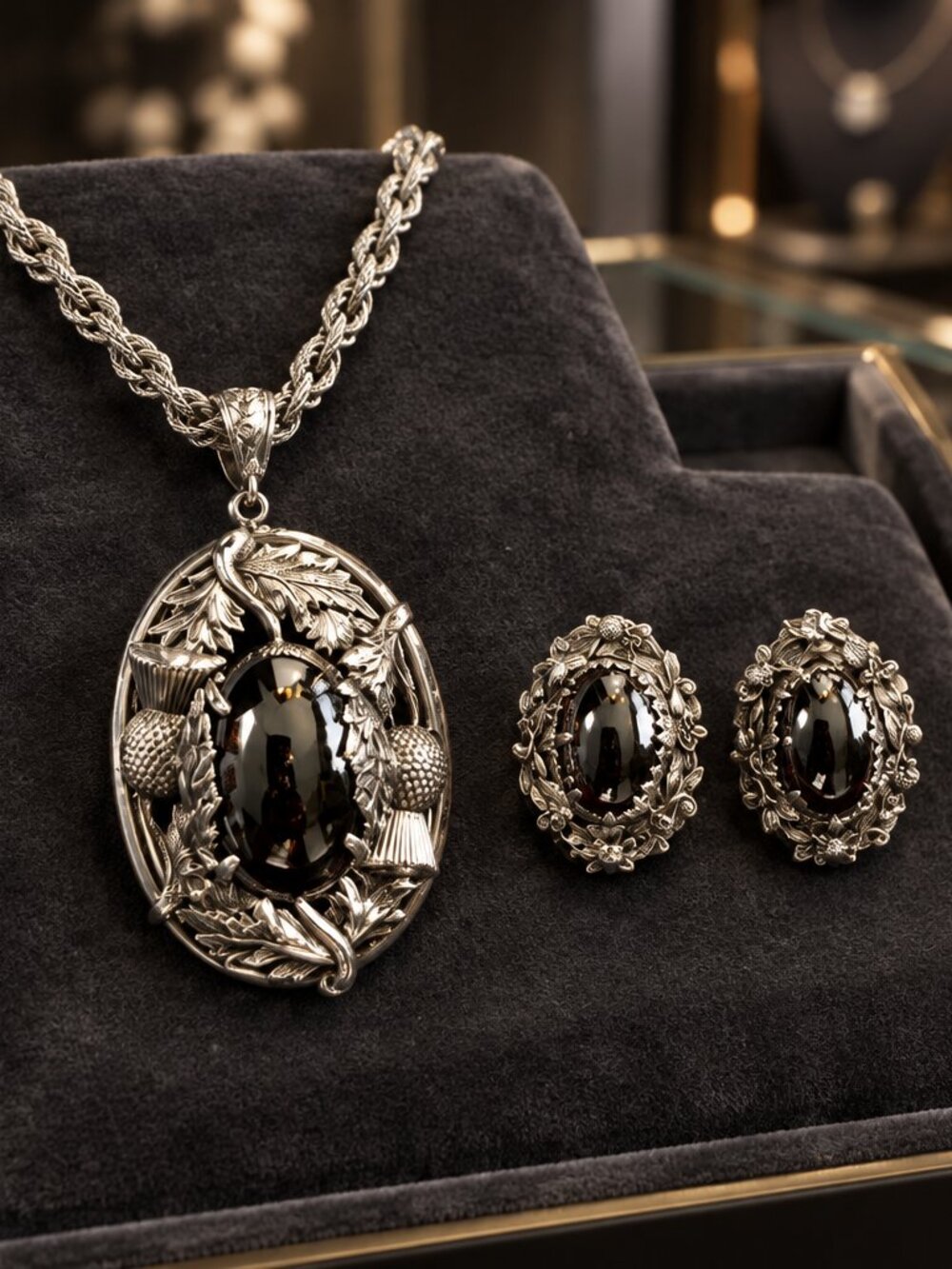 Whiting & Davis Silver-Tone and Glass Hematite Necklace and Earrings Set